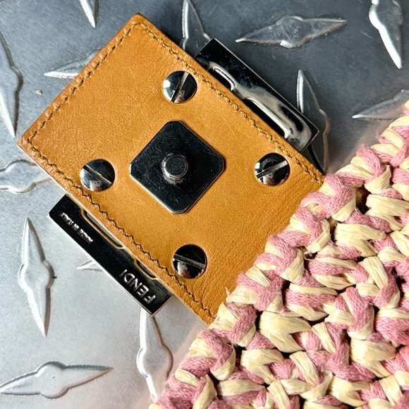 Fendi Vintage 2000 Leather Trimmed Raffia Baguette Bag in Pink - Picture 10 of 14